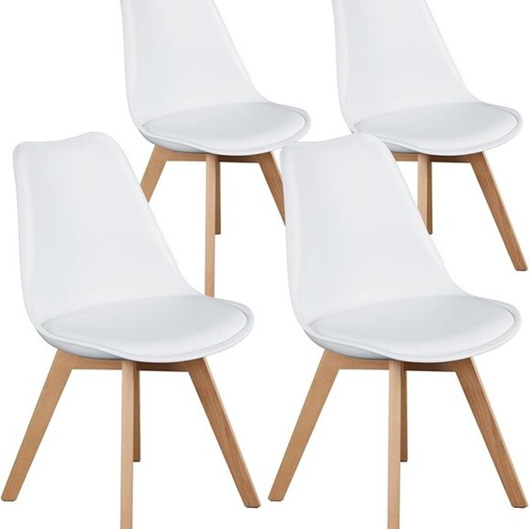 NEW Set of 4 Dining Kitchen Mid-Century Modern Chairs with Wood Legs, PU Leather - Picture 1 of 8